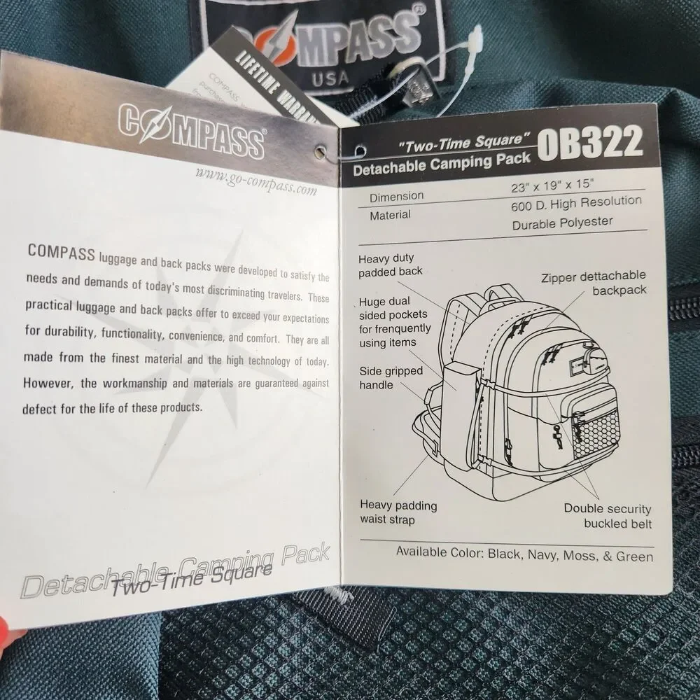 Compass 2 in 1 Outdoor Products Backpack Green Hiking Polyester Bag NWT New